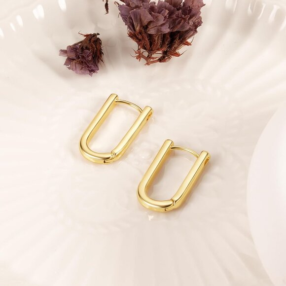 14K Gold Plated 925 Sterling Silver Square Hoop Earrings Hypoallergenic Medium - Picture 7 of 8